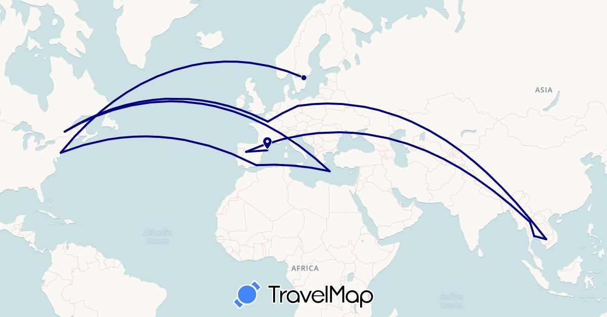 TravelMap itinerary: driving in Canada, Germany, Spain, France, Greece, Cambodia, Sweden, Thailand, United States (Asia, Europe, North America)